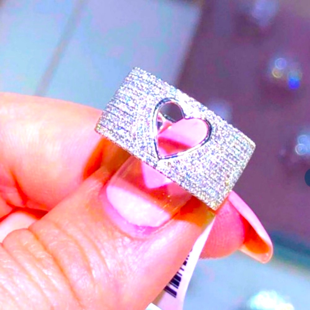 Sterling Silver Wide band pave sim. diamond ring w/cutout heart NEW Size 8
